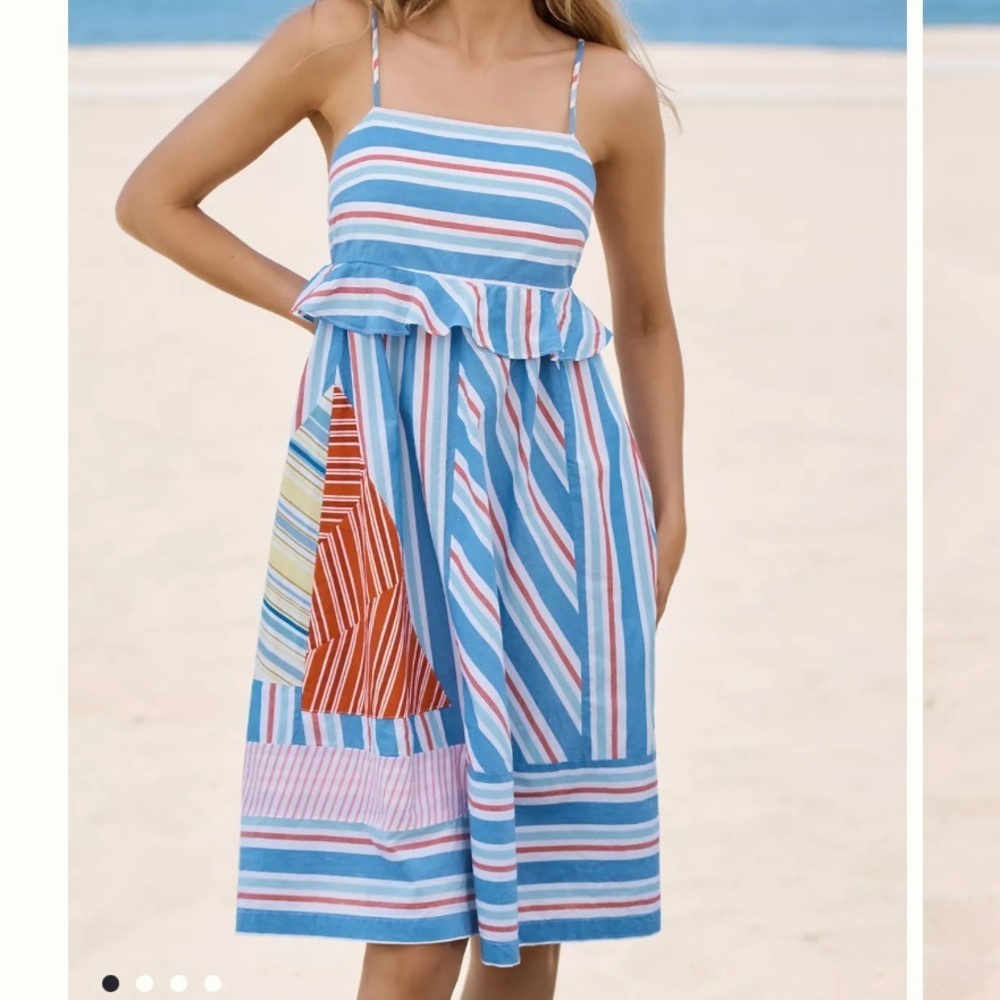 CELANDINE Anthropologie Sleeveless Knee Length Stripe Ruffle Dress M preppy NWT